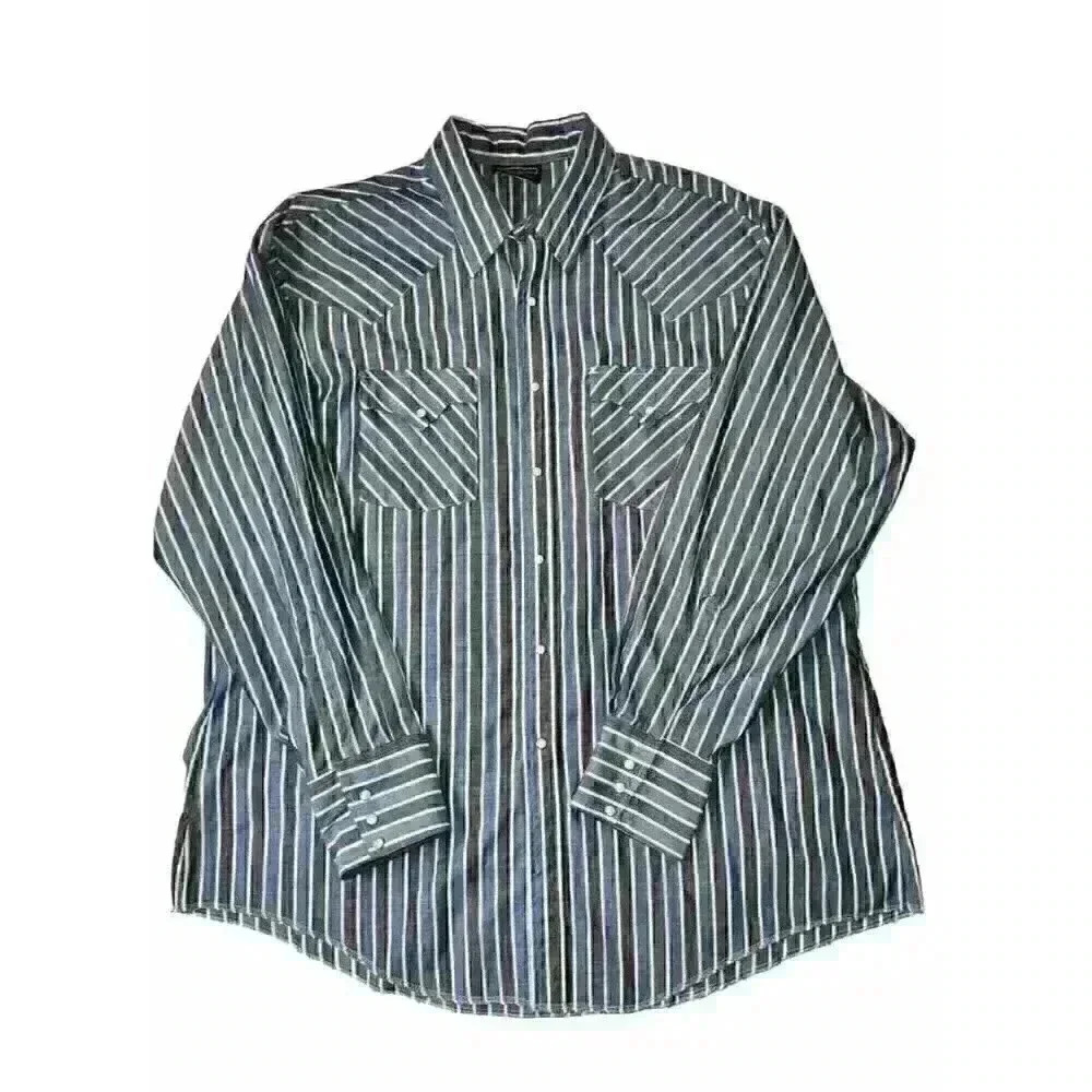 Vintage Holt Western Long Sleeve Shirt‎ Men's Blue Stripe Pearl Snaps Size XL